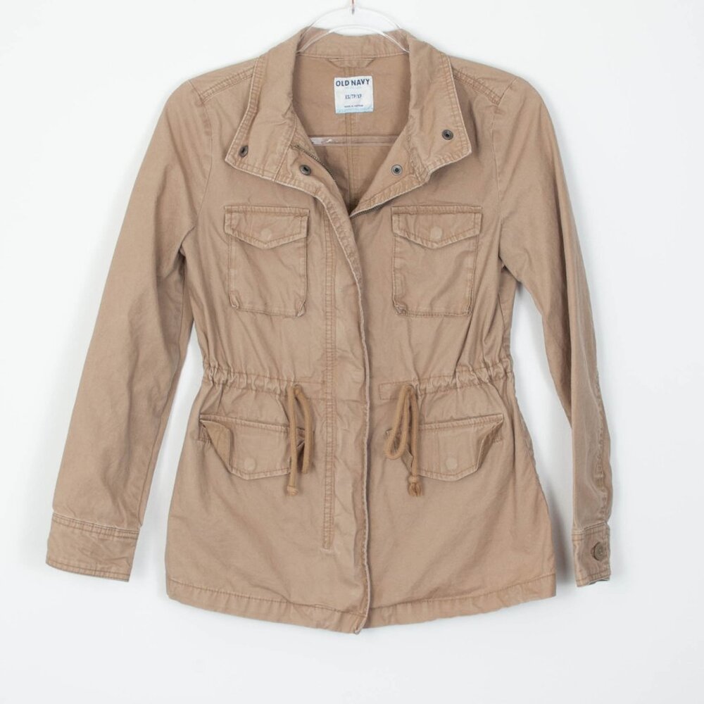 Old Navy Womens Military Jacket Size XS‎ Tan Full Zip Drawstring Waist Pockets